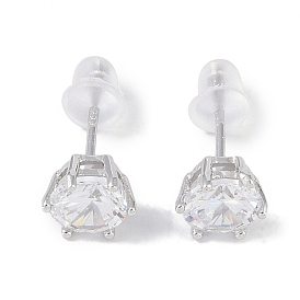 Rhodium Plated 999 Sterling Silver Cubic Zirconia Stud Earrings for Women, with 999 Stamp