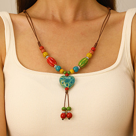 Фарфоровое сердце кулон кисточка вощеный шнур регулируемые ожерелья для женщин