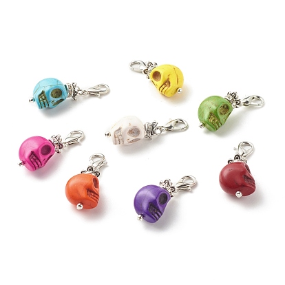 Skull Synthetic Howlite Pendant Decorations, with Brass Rhinestone Beads and Zinc Alloy Lobster Claw Clasps