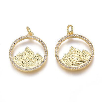 Brass Micro Pave Clear Cubic Zirconia Pendants, Long-Lasting Plated, Real 18K Gold Plated, With Jump Rings, Flat Round with Mountain