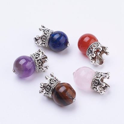 Natural Gemstone Pendants, with Alloy Findings, Crown, Antique Silver