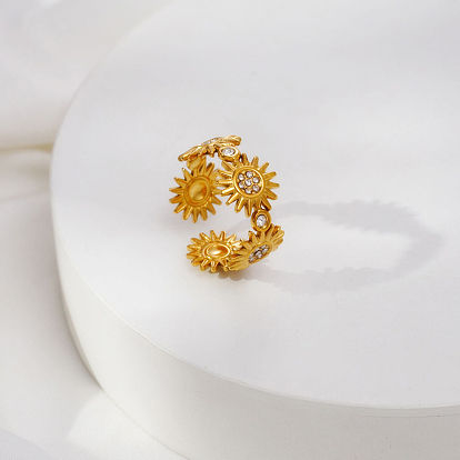 Adjustable 304 Stainless Steel Micro Pave Cubic Zirconia Cuff Open Rings for Women, Flower