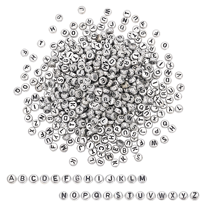 Silver Plated Acrylic Letter Beads, Flat Round