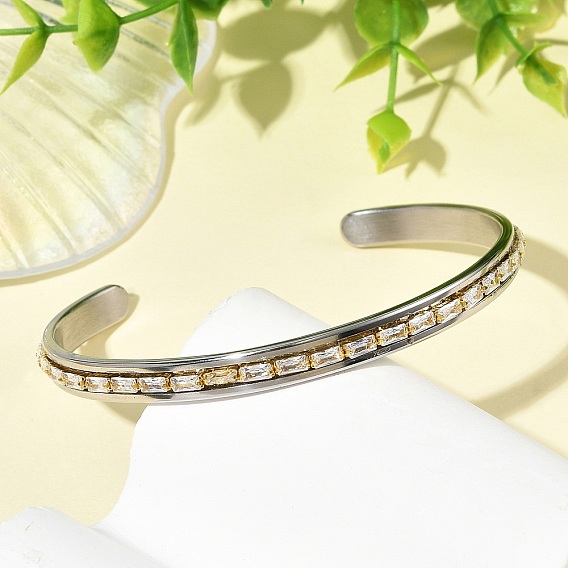 6MM 201 Stainless Steel and Brass Pave Rectangle Clear Cubic Zirconia Cuff Bangles