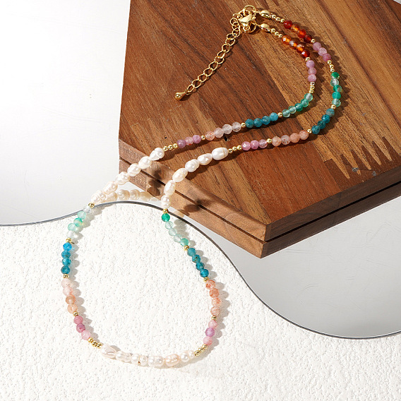 Ожерелья-воротники из граненых круглых натуральных смешанных камней в стиле бохо