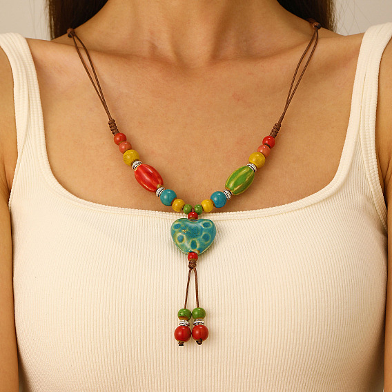 Фарфоровое сердце кулон кисточка вощеный шнур регулируемые ожерелья для женщин