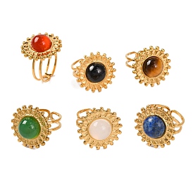 Round Natural Gemstone Finger Rings, Sun Golden Tone 304 Stainless Steel Cuff Rings for Women Men