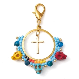 Boho Glass Seed & Skull Synthetic Turquoise Pendant Decoration, 304 Stainless Steel Cross and Lobster Claw Clasps Charms for Bag Ornaments