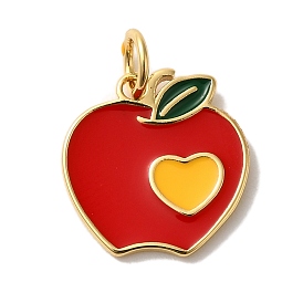 Rack Plating Brass Charms, with Enamel and Jump Ring, Cadmium Free & Lead Free, Long-Lasting Plated, Apple Charm, Real 18K Gold Plated