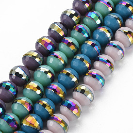 Electroplate Opaque Solid Color Glass Beads Strands, Rainbow Color Plated, Faceted, Round