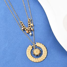 304 Подвеска из нержавеющей стали с солнцем и круглым натуральным агатом, двухслойная, для женщин, ионное покрытие (ip)