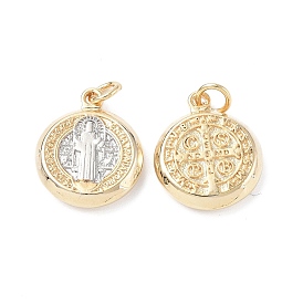 Brass Pendants, Cadmium Free & Lead Free, with Jump Ring, Flat Round with Flat Round with Cssml Ndsmd Cross God Father Religious Christianity, Real 18K Gold Plated & Platinum