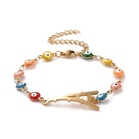 Vacuum Plating 304 Stainless Steel Tower Link Bracelet with Colorful Enamel Evil Eye Chains for Women