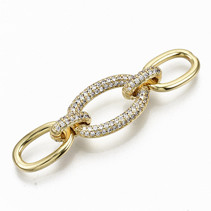 Brass Micro Pave Clear Cubic Zirconia Links Connectors, Cadmium Free & Nickel Free & Lead Free, Oval