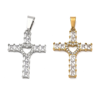 Easter 304 Stainless Steel Micro Pave Clear Cubic Zirconia with Crystal Rhinestone Pendants, Cross Charms, with 201 Stainless Steel Bails