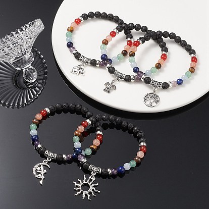 Natural Mixed Gemstone Round Beaded Stretch Bracelets with Alloy Charms