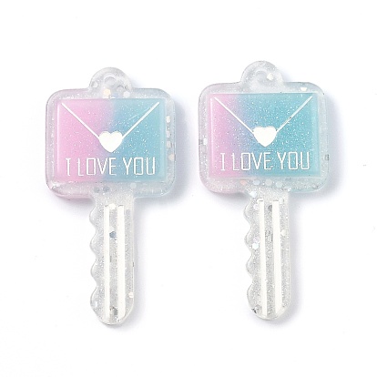 Two Tone Resin Big Pendants, Valentine's Day Theme, Glitter Powder, Envelope Key with Word I LOVE YOU