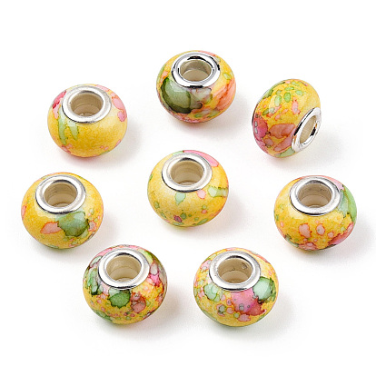 Opaque Resin European Beads, Imitation Crystal, Two-Tone Large Hole Beads, with Silver Tone Brass Double Cores, Rondelle