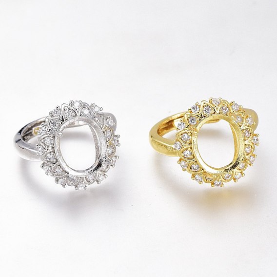 Adjustable Brass Micro Pave Clear Cubic Zirconia Finger Ring Components, 4 Claw Prong Ring Settings, Long-Lasting Plated, Flower