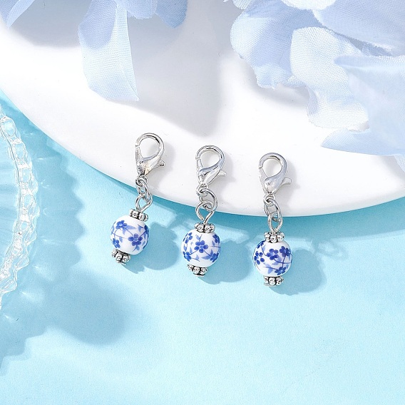 Круглые подвесные украшения из фарфора с цветочным принтом ручной работы, с цинковым сплавом застежками омаров коготь