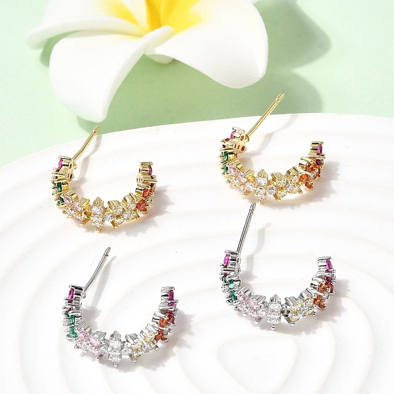 Серьги-гвоздики из латуни в форме буквы С с микропаве из кубического циркония, долговечный, стойки покрытие, без свинца и без кадмия