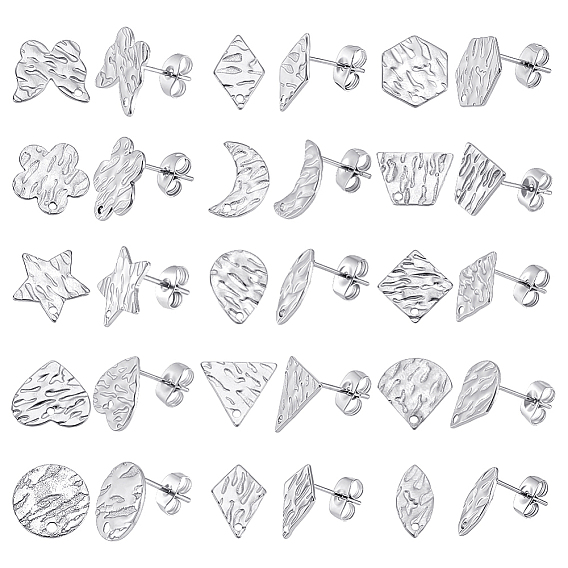 30Pcs 15 Style 304 Stainless Steel Textured Stud Earrings Findings with Hole, Star & Kite & Hexagon & Trapezoid & Moon