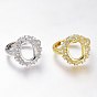 Adjustable Brass Micro Pave Clear Cubic Zirconia Finger Ring Components, 4 Claw Prong Ring Settings, Long-Lasting Plated, Flower