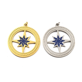 Ion Plating(IP) 304 Stainless Steel Pendants, with Enamel and Jump Ring, Flat Round with Star Charm