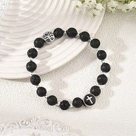 Pulseras elásticas redondas de cuentas de roca volcánica natural con cruz de acero inoxidable del árbol de la vida para mujer., negro