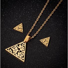 Geometric Triangle Pendant Necklace and Earrings Set with Bird and Floral Design
