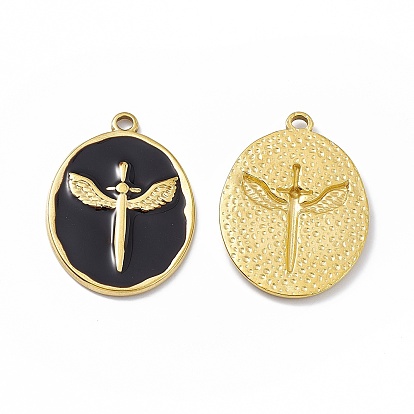Ion Plating(IP) 304 Stainless Steel Pendant, with Enamel, Oval with Wing Charm, Golden