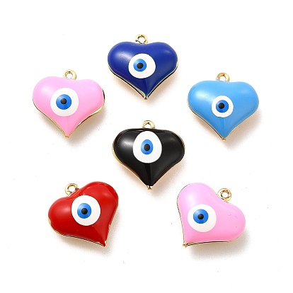 Brass Enamel Pendants, Real 18K Gold Plated, Long-Lasting Plated, Cadmium Free & Nickel Free & Lead Free, Heart with Evil Eye