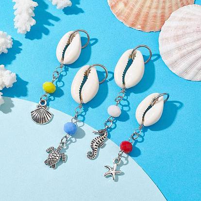 Natural Cowrie Shell Pendant Decorations, with Glass Beads and Tibetan Style Alloy Charms, Starfish/Shell/Sea Horse/Turtle