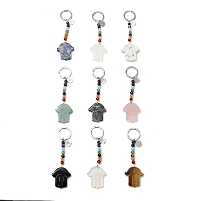 Porte-clés chakra de pierres précieuses, avec des porte-clés fendus en fer et des breloques rondes plates en alliage, Hamsa main