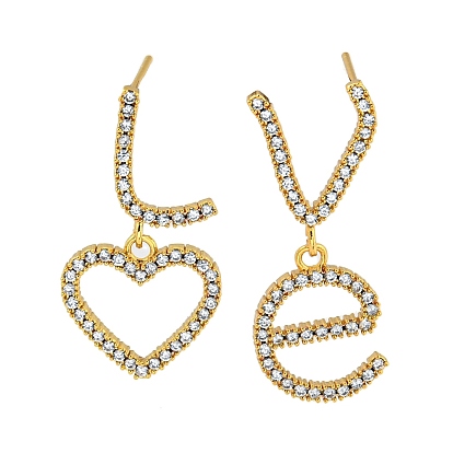 Rack Plating Brass Micro Pave Clear Cubic Zirconia Stud Earrings, Cadmium Free & Lead Free, Long-Lasting Plated, Heart
