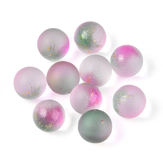 Perles de verre dépoli peintes à la bombe transparente, avec une feuille d'or, pas de trous / non percés, ronde