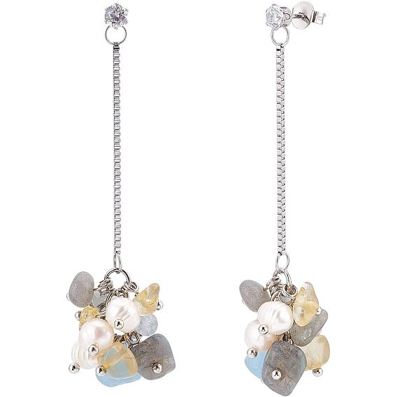 Серьги-гвоздики с подвесками из натурального цитрина, аквамарина и драгоценных камней с жемчугом, 316 длинная цепочка из хирургической нержавеющей стали с длинными серьгами-подвесками для женщин