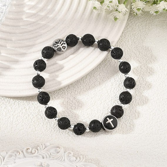 Natural Lava Rock Round Beaded Stretch Bracelets with 304 Stainless Steel Cross Tree of Life for Women, Black