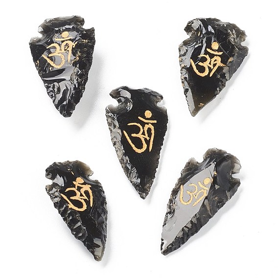 Rough Raw Natural Black Obsidian Beads, No Hole/Undrilled, Hammered Arrowhead with Ohm