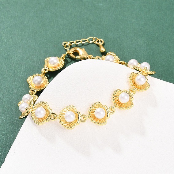 Браслеты-цепочки из латуни и белого круглого АБС-пластика в форме ракушки с жемчугом для женщин, долговечный, стойки покрытие