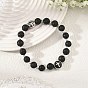 Natural Lava Rock Round Beaded Stretch Bracelets with 304 Stainless Steel Cross Tree of Life for Women, Black