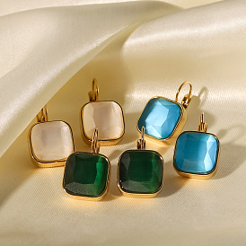 18K Gold Plated Stainless Steel Square Earrings with Colorful Opal and Cat Eye Pendant for Women