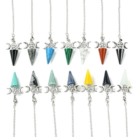Natural & Synthetic Gemstone Cone Dowsing Pendulum Big Pendants, with Triple Moon Rack Plating Platinum Plated Brass Findings, Cadmium Free & Lead Free