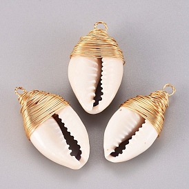 Natural Cowrie Shell Pendants, with Golden Tone Brass Findings