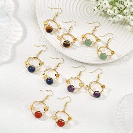 Круглые серьги-подвески из натуральных драгоценных камней, с латунными крючками для сережек и круглым кольцом с соединительными кольцами в виде луны и звезды., золотые