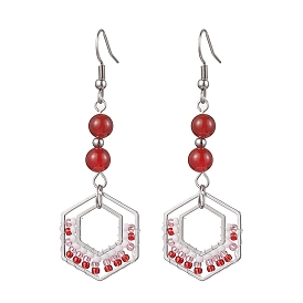 304 Stainless Steel Linking Ring Dangle Earring, Natural Carnelian and Glass Beads, Hexagon