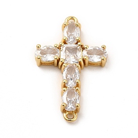 Eco-Friendly Rack Plating Brass Pave Clear Cubic Zirconia Connector Charms, Lead Free & Cadmium Free, Long-Lasting Plated, Religion Cross Links