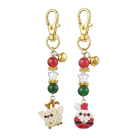 Christmas Santa Claus & Deer Handmade Glass Seed Beads Pendant Decorations, Round Natural & Dyed Malaysia Jade & Swivel Lobster Clasp Charms for Bag Ornaments