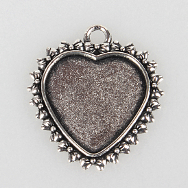 Tibetan Style Alloy Pendant Cabochon Settings, Cadmium Free & Lead Free, Heart, Tray: 20x20m, 31x28x2mm, Hole: 3mm, about 285pcs/kg