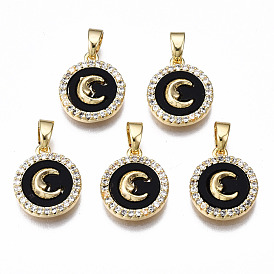 Brass Micro Pave Clear Cubic Zirconia Charms, with Enamel, Nickel Free, Flat Round with Moon, Real 18K Gold Plated